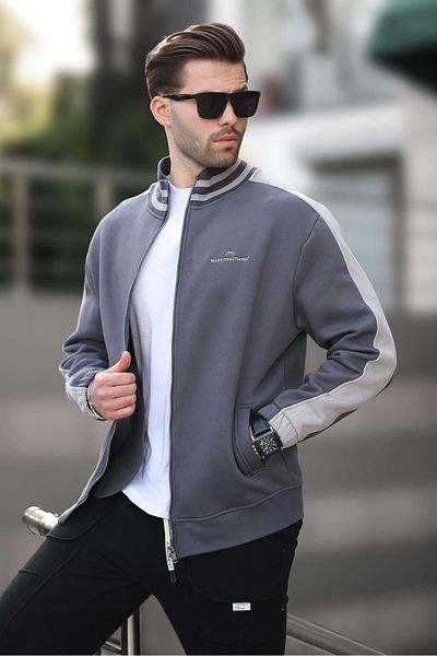 Madmext Ανδρική ζακέτα 7081 - Καπνιστή, μισό ζιβάγκο, φερμουάρ και στάμπα
