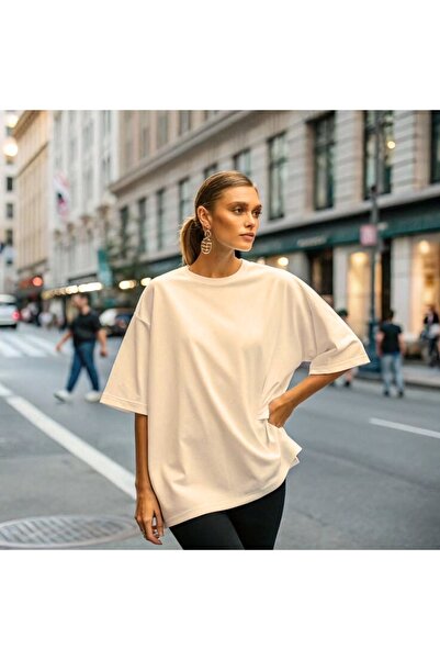 JustBS Tricou oversize de damă de culoare bej