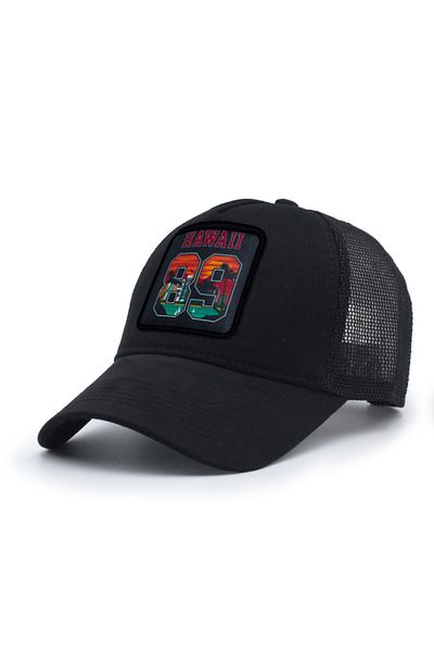 Trucker Hawaii Model Interchangeable Emblem Mesh Hat Black