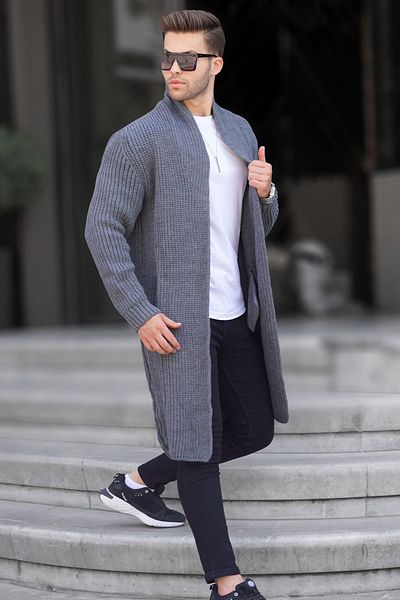 Madmext Anthracite Stand-Up Collar Pocket Long Knitwear Cardigan 6816