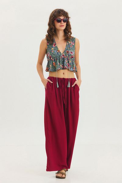 Clandestino Belted Wide Leg Loose Bohemian Trousers Claret Red