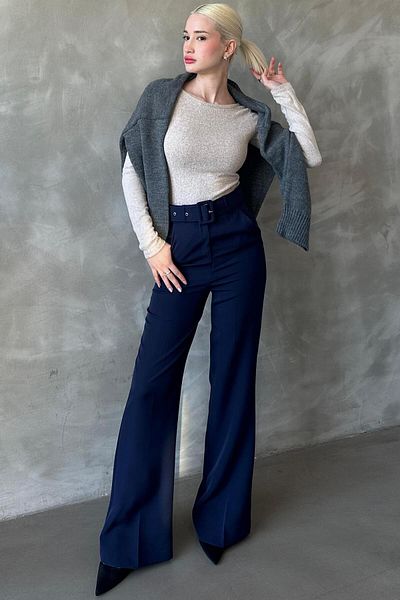 Madmext Navy Blue Spanish Leg Women's Fabric Pants Mg2303