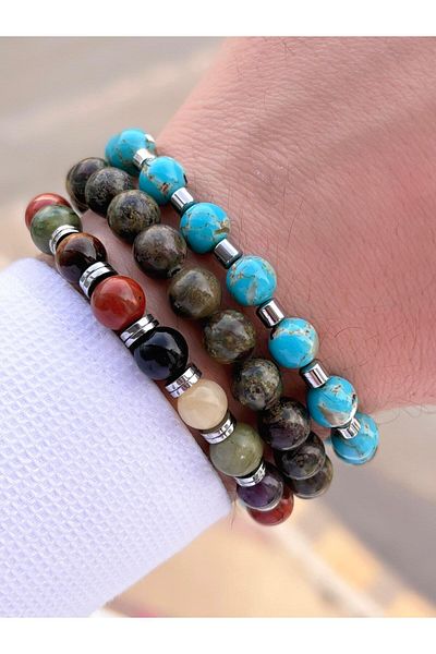 NURSAAT 3 Piece Special Design Unisex Natural Stone Bracelet Chakra, Turquoise, Jade, Agate and Citrine Stones 06