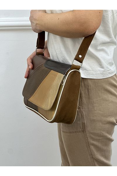 Deribag Piele autentică, mărime medie, multicoloră, curea încrucișată, geantă de umăr pentru femei 25*21*8 cm