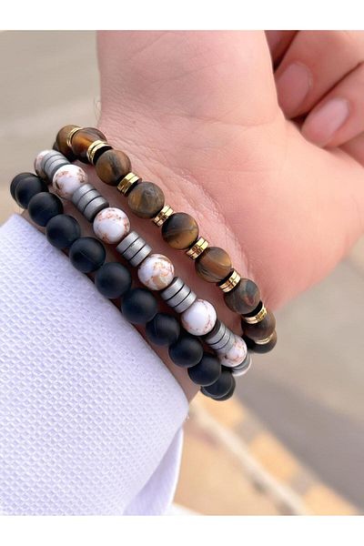 NURSAAT 3 Piece Special Design Unisex Natural Stone Bracelet Chakra, Turquoise, Jade, Agate and Citrine Stones 03