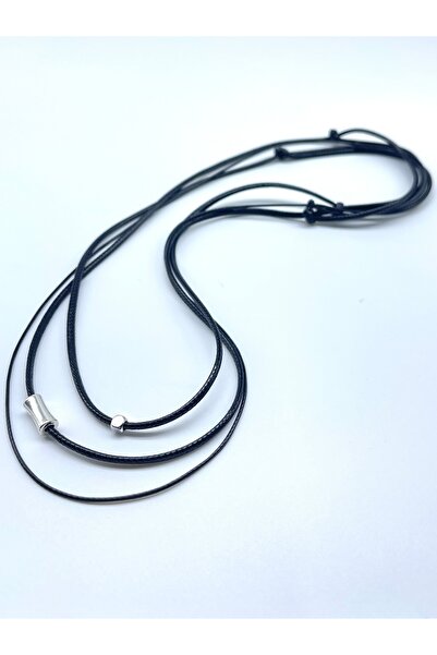 Concept HuBuTU Minimal Gümüş Kaplama Boru Objeli Erkek Siyah Suni Deri Ip Bohem Kolye Seti (3 ADET)