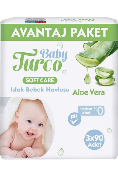 Baby Turco Wet Towel Wipes Soft Care Aloe Vera 90 Sheets (Set of 48) (16Pk*3) 4320 Sheets