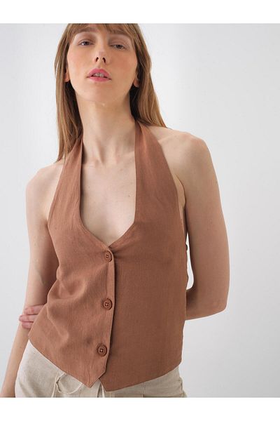 Xint Women's Mink Regular Fit Linen Vest