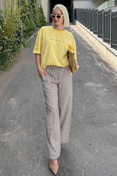 Madmext Baumwollhose mit Streifen und verstellbarer Taille MG2133 – fließendes, weites Bein