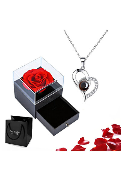 Choice قلادة عرض فضية 45 سم - 01 مع صندوق هدايا وردة، قلادة قلب مكتوب عليها "...