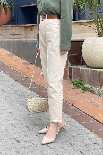 MAKRAS EXCLUSIVE Pera γυναικεία κρέμα Boyfrend ψηλόμεσο Lycra Extra Stretchy Mom Jeans παντελόνι