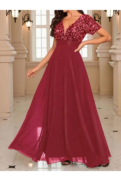 İpeksi Silky Women's Short Sleeve Deep V Neck A-Line Chiffon Bridesmaid Dress with Pulp Sequin Detail