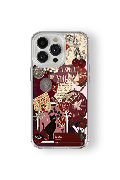 Space Star iPhone 16 Pro Uyumlu Dark Red Kolaj Tasarım Baskılı Şeffaf Kılıf