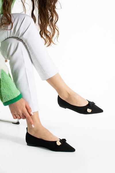Getcho Baker Black Women's Ballerina Shoes Buckle Knitwear Comfortable Pointed Toe Flat Black Model for Daily Use