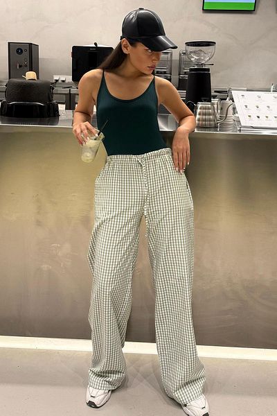 Madmext Hellgrüne Gingham-Damenhose mit weitem Bein Mg2335