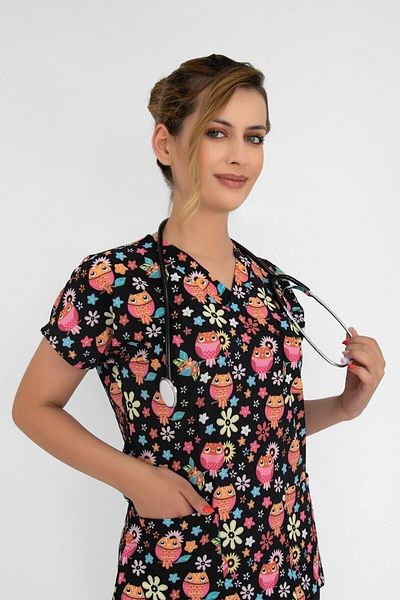 Nur Medikal Giyim Unisex Floral Bufniță Lycra Doctor Asistentă Spital Chirurgic Uniformă Scrubs