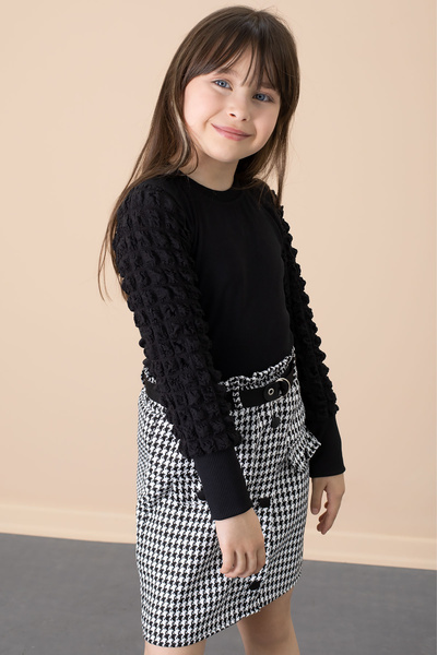 Cansın Mini Black Houndstooth Patterned Skirt and Badili Girl's 2-Piece Set 20653