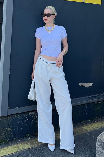 Madmext Ecru Belt Detailed Wide Leg Trousers Mg1834