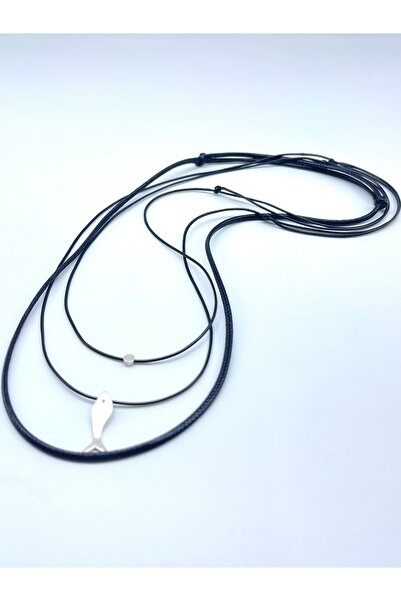 Concept HuBuTU Minimal Gümüş Kaplama Balık Objeli Erkek Siyah Suni Deri Ip Bohem Kolye Seti (3 ADET)