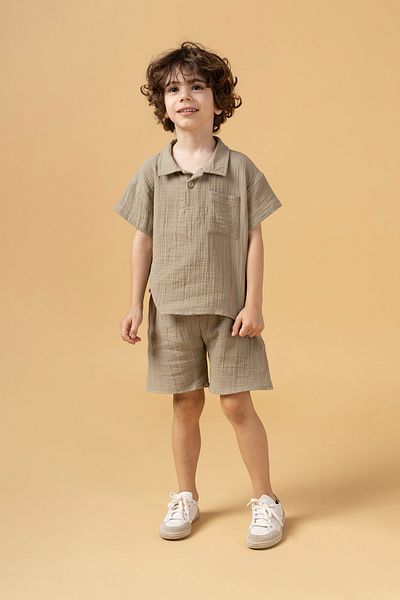 Minipodyum Boy's Placket Shirt Shorts Muslin Summer Double Set