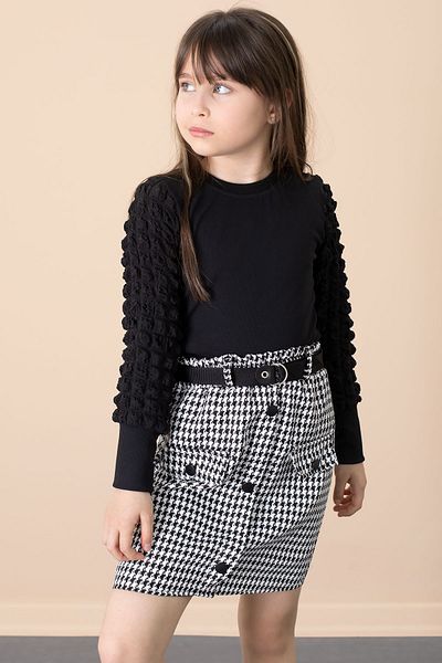 Cansın Mini Black Houndstooth Patterned Skirt and Badili Girl's 2-Piece Set 20653