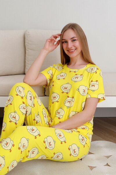 pijamacity Kadın Pamuklu Bisiklet Yaka Kısa Kollu Pijama Takımı