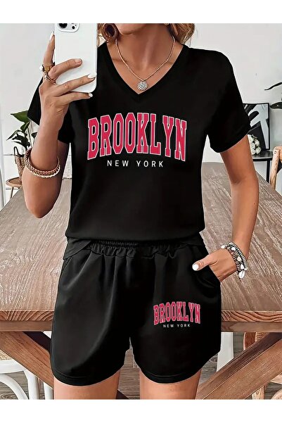 LAND MODA طقم تي شيرت وسروال قصير كاجوال برقبة على شكل حرف V للنساء من Brookl...