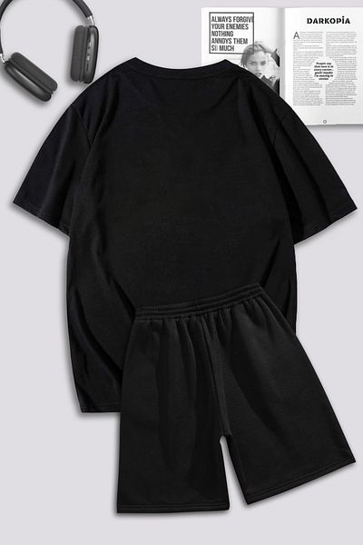 Mythologie Black Mini Spider T-Shirt Shorts Combination Set - Printed Oversize Crew Neck