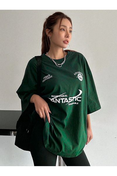 Mythologie Nefti Green Fantastic T-Shirt - Κοντό μανίκι με στάμπα Oversize Crew λαιμόκοψη