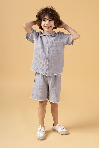 Minipodyum Boy's Shirt Shorts Muslin Summer Double Set