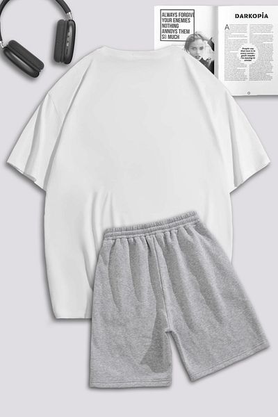 Mythologie White Gray Mini Spider T-Shirt Shorts Combination Set - Printed Oversize Crew Neck