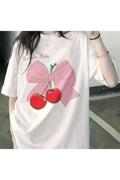 Mythologie Μπλουζάκι White Ribbon Cherry - Κοντό μανίκι με στάμπα Oversize Crew Neck
