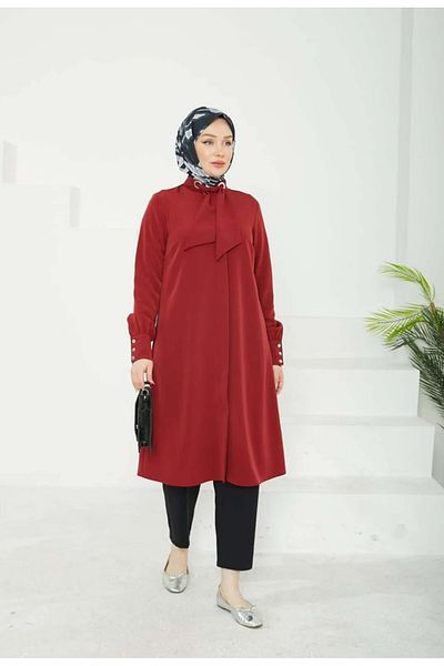 Armine Trend 2025 Spring and Summer Basic Neckline Detailed Scarf Hidden Button Silk Crepe Tunic