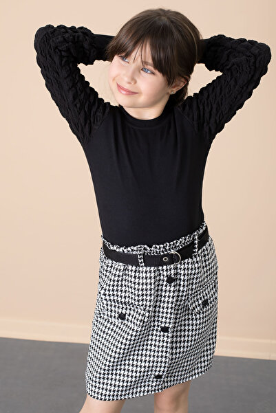 Cansın Mini Black Houndstooth Patterned Skirt and Badili Girl's 2-Piece Set 20653