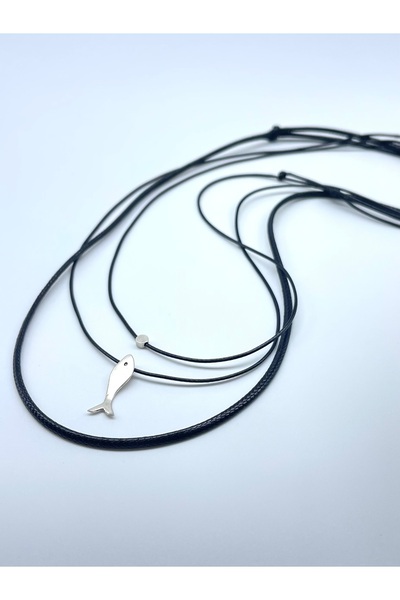 Concept HuBuTU Minimal Gümüş Kaplama Balık Objeli Erkek Siyah Suni Deri Ip Bohem Kolye Seti (3 ADET)