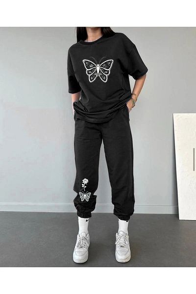 Mythologie Παντελόνι και μπλουζάκι Butterfly Rose - Μαύρο μπλουζάκι Jogger Φούτερ Σετ Oversize Crew Neck