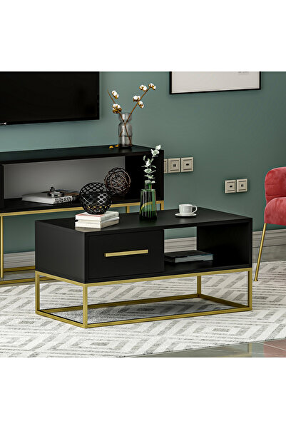 İNARCH DİZAYN Mira Kapaklı Orta Sehpa, Gold Ayak, Modern Tasarım - 90 cm, Ev-...