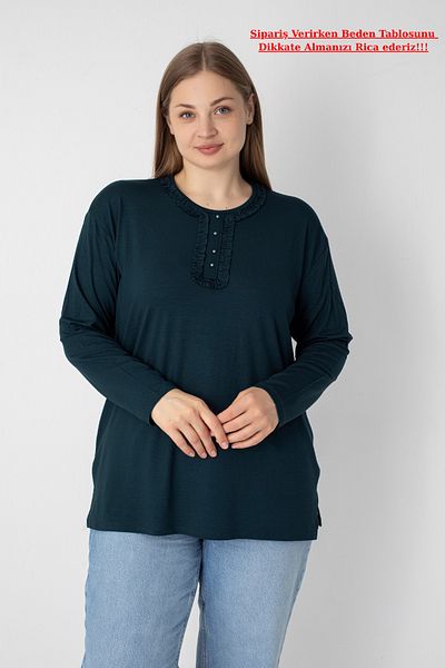 Orly More Viscose Fabric Mini Slit Plus Size Long Sleeve Mother Combed Cotton Blouse with Collar and Button Detail