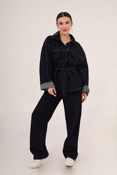 Hipo Trend Waist Belted Jacket and Pants Double Jean Navy Blue Set