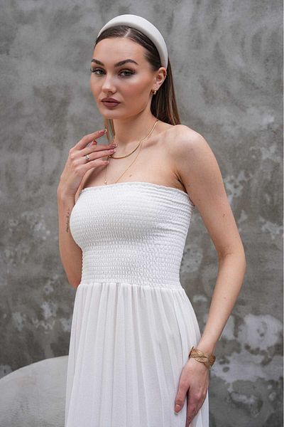 GigiTex Strapless Giped Summer Thin Pleated Slit Dress Standard Suitable for Size 32-40 Height 120 cm