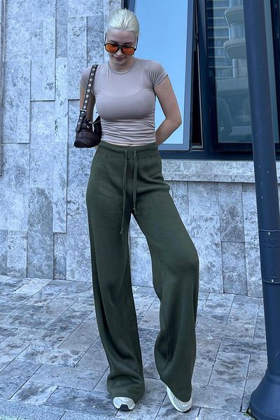 Madmext Khakifarbene Hose mit weitem Bein – verstellbare Taille MG2089