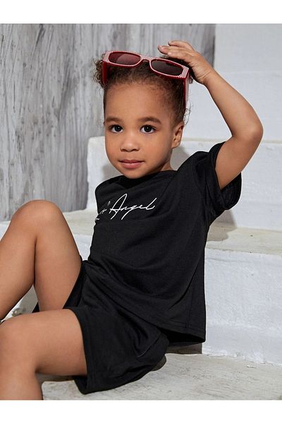 Sweetline Los Angeles Cotton Kids Suit Black T-Shirt Shorts - Black Print Girl Boy Summer Handwriting