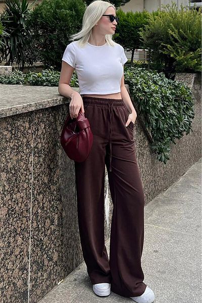 Madmext Braune Damenhose mit weitem Bein und Kordelzug MG2011