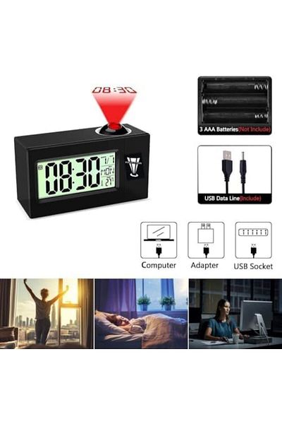 Generic ساعة منبهة مع شاشة LCD - جهاز عرض سقفي مع تحكم صوتي، وعرض الوقت ودرجة الحرارة