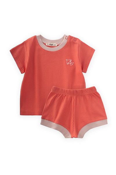 Cigit Bird Embroidered Garnished Corded Suit 0-5 Years Old Coral