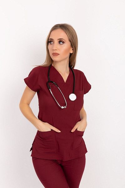 Nur Medikal Giyim Uniformă chirurgicală unisex, culoare bordo, din lycra, pentru doctori și asistente, top singular.