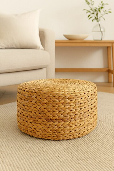 oceanpoint Doğal Hasır Örgü Puf Minder, El Yapımı Dekoratif Tamamlayıcı, Bohem, İskandinav Stil, 40x20 cm