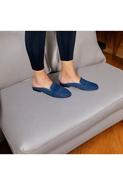 NE&VE SHOES Γυναικείες φλατ παντόφλες από γνήσιο δέρμα σε μπλε ναυτικό σουέντ