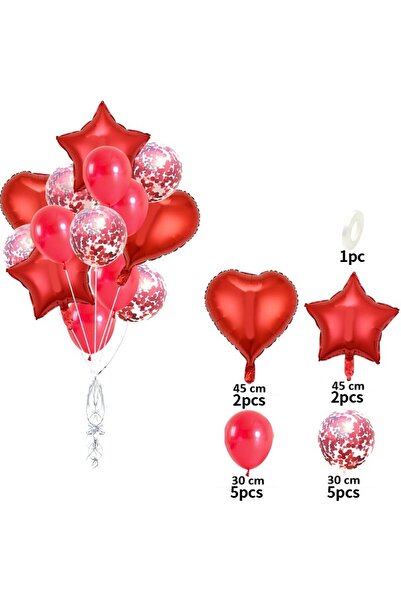 Flippy Set of 14 Metallic Foil & Latex Balloons (Flippy), Star & Heart, 45 cm, Red