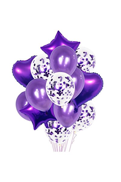 Flippy Set of 14 Foil & Latex Balloons (Star & Heart), 45 cm, Purple